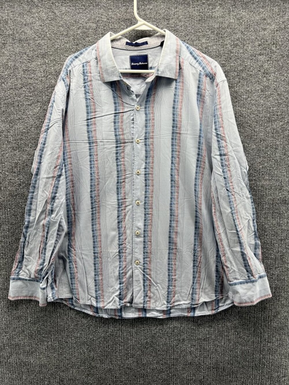 Tommy Bahama Shirt Men XL Blue Stripe Long Sleeve Button Up Cotton Blend Pleated
